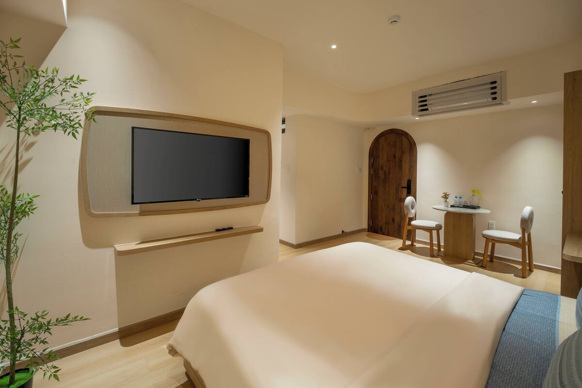 A modern hotel room with a large bed, a mounted TV, a small table with chairs, and a potted plant.