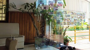 A reception area with a glass partition, wooden paneling, a sofa, and a potted plant. - AHHA Residence Kampot (Kampot)