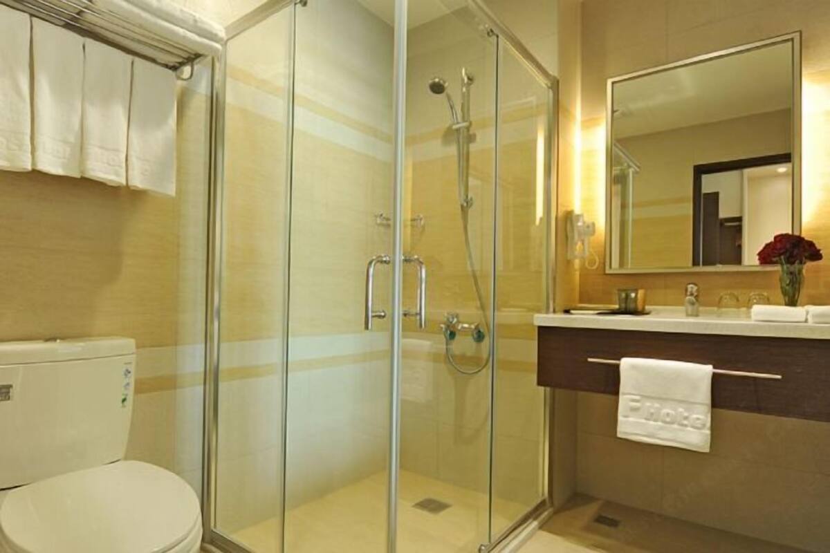 A glass-enclosed shower with a handheld showerhead, a white toilet, and a vanity with a mirror and a vase of red flowers.