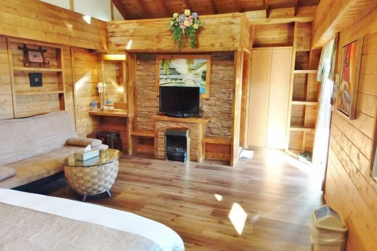 A wooden cabin interior with a sofa, a television, a fireplace, and a stone wall.