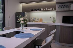 Une cuisine moderne avec un coin repas, comprenant un réfrigérateur, un évier et un téléviseur à écran plat.