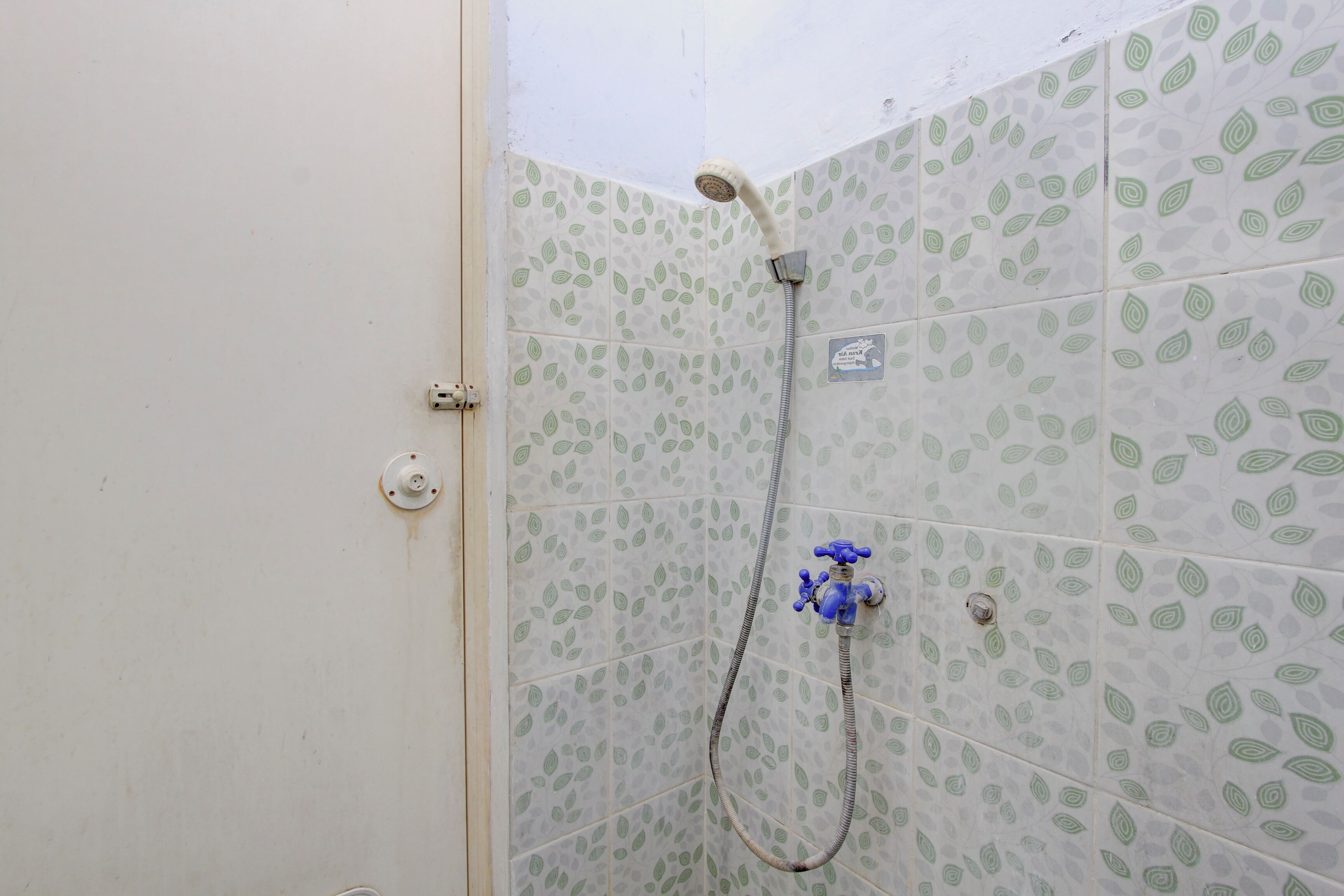 A shower area with a handheld showerhead and a wall-mounted faucet.