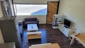 Un salon moderne comprenant un canapé, une table basse, un meuble pour la télévision et des étagères en bois.