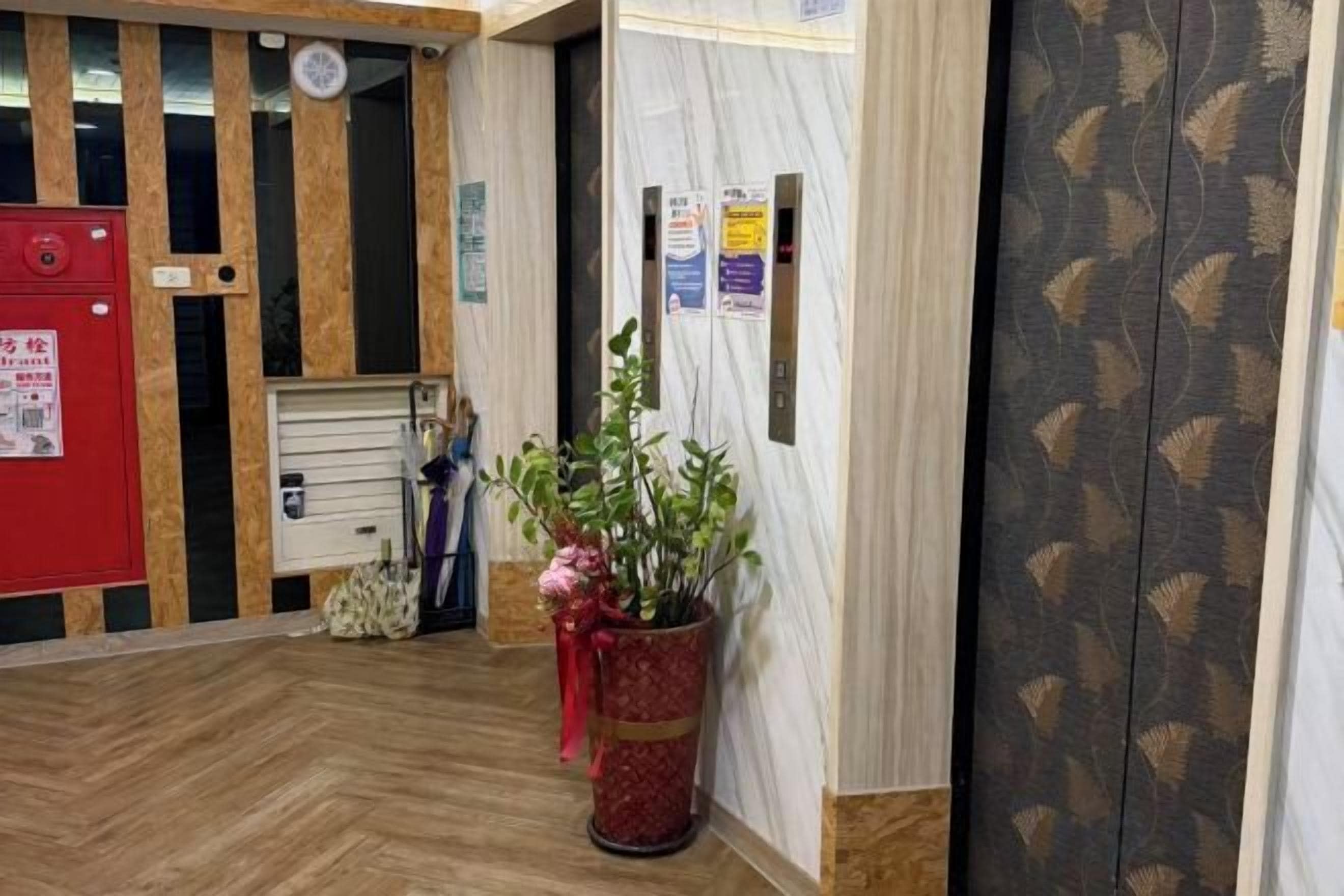 A reception area with a wooden floor, a red fire alarm, a potted plant, and a patterned wall.