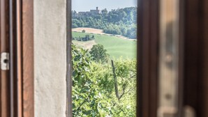 A view through a window of a rural landscape with fields, trees, and a distant castle.