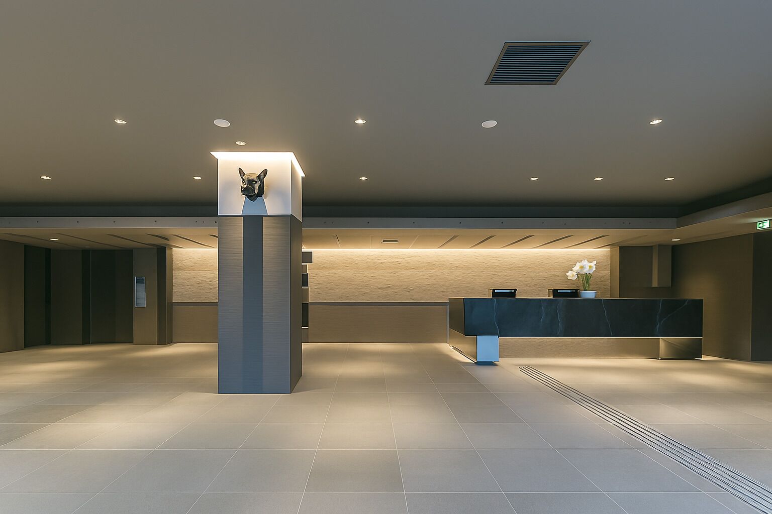 A modern reception area with a central pillar featuring a dog sculpture, a reception desk, and a patterned wall in the background.