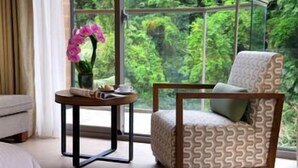 A room with a window, a chair, a small table, and a vase with flowers. - Century Hotel (Taitung)