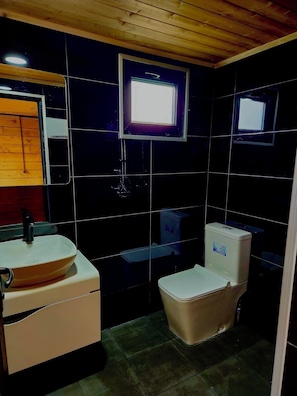 Douche, serviettes fournies, savon, papier toilette