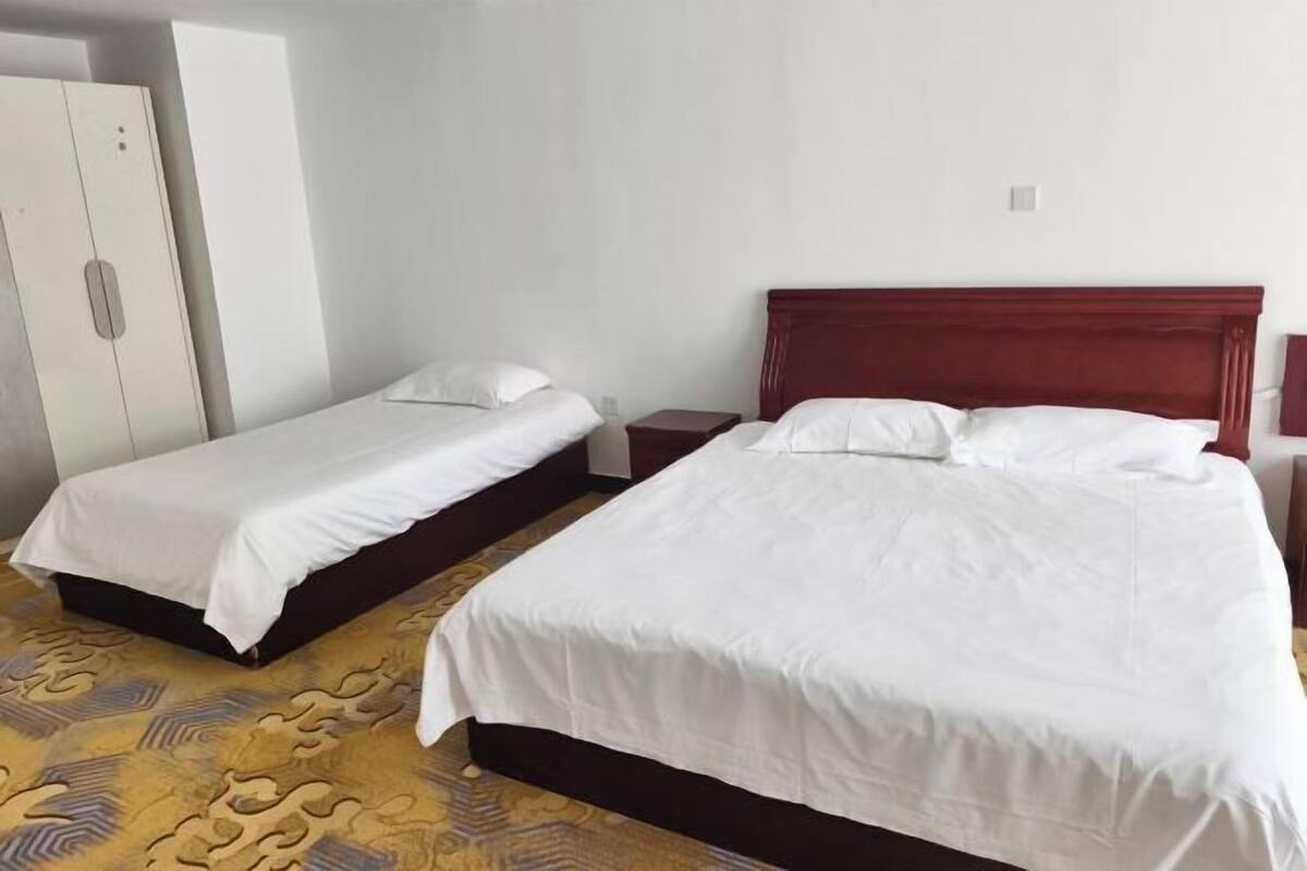 Two single beds with white linens, a wooden headboard, a wardrobe, and a patterned carpet.