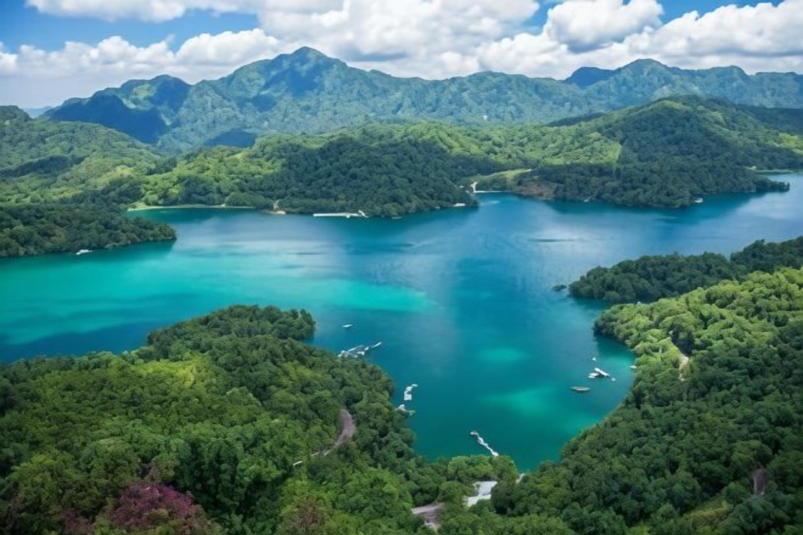 Un paysage côtier avec une baie turquoise, bordée de collines et de montagnes verdoyantes.
