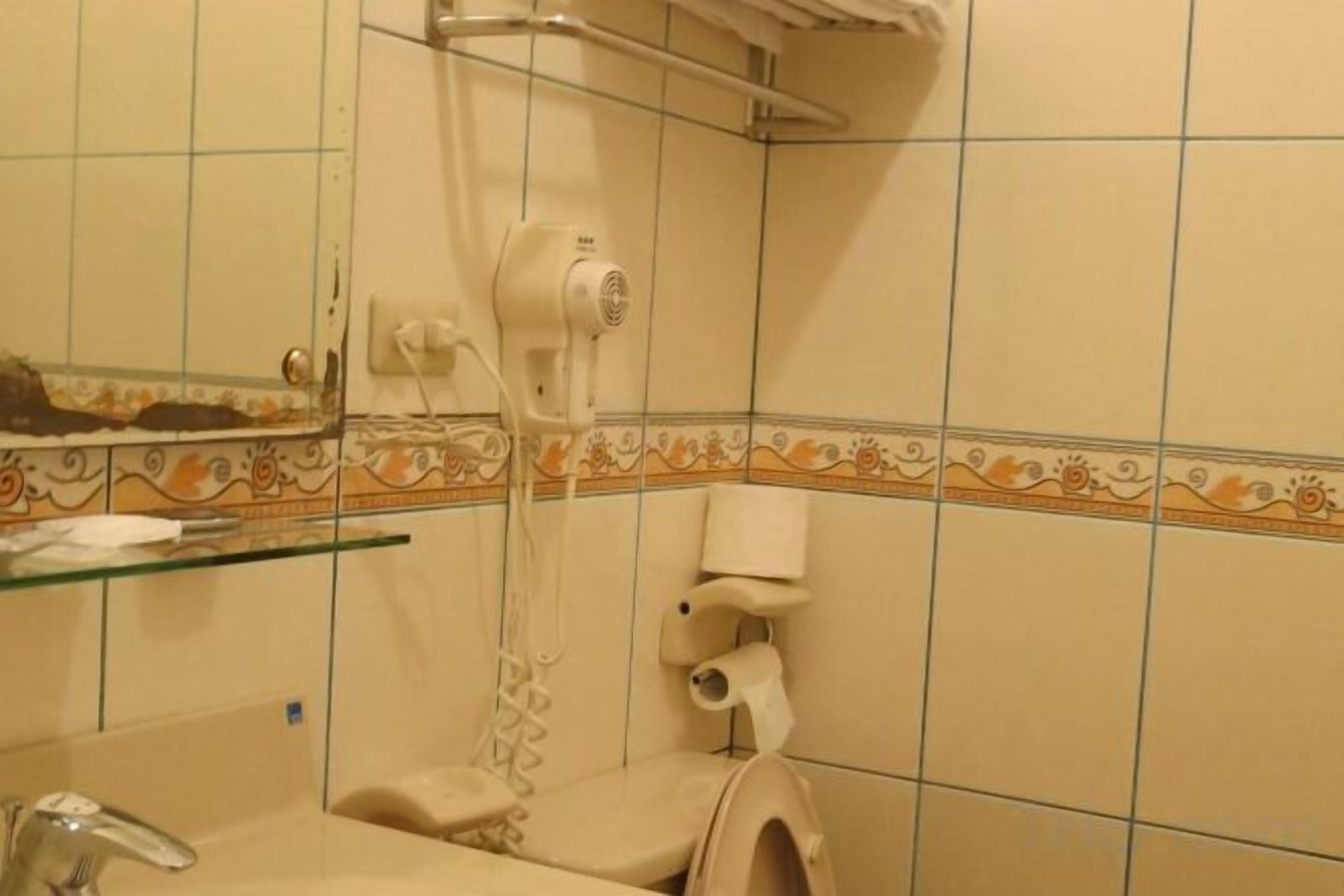 Un baño con lavamanos, espejo, toallero y soporte para papel higiénico.