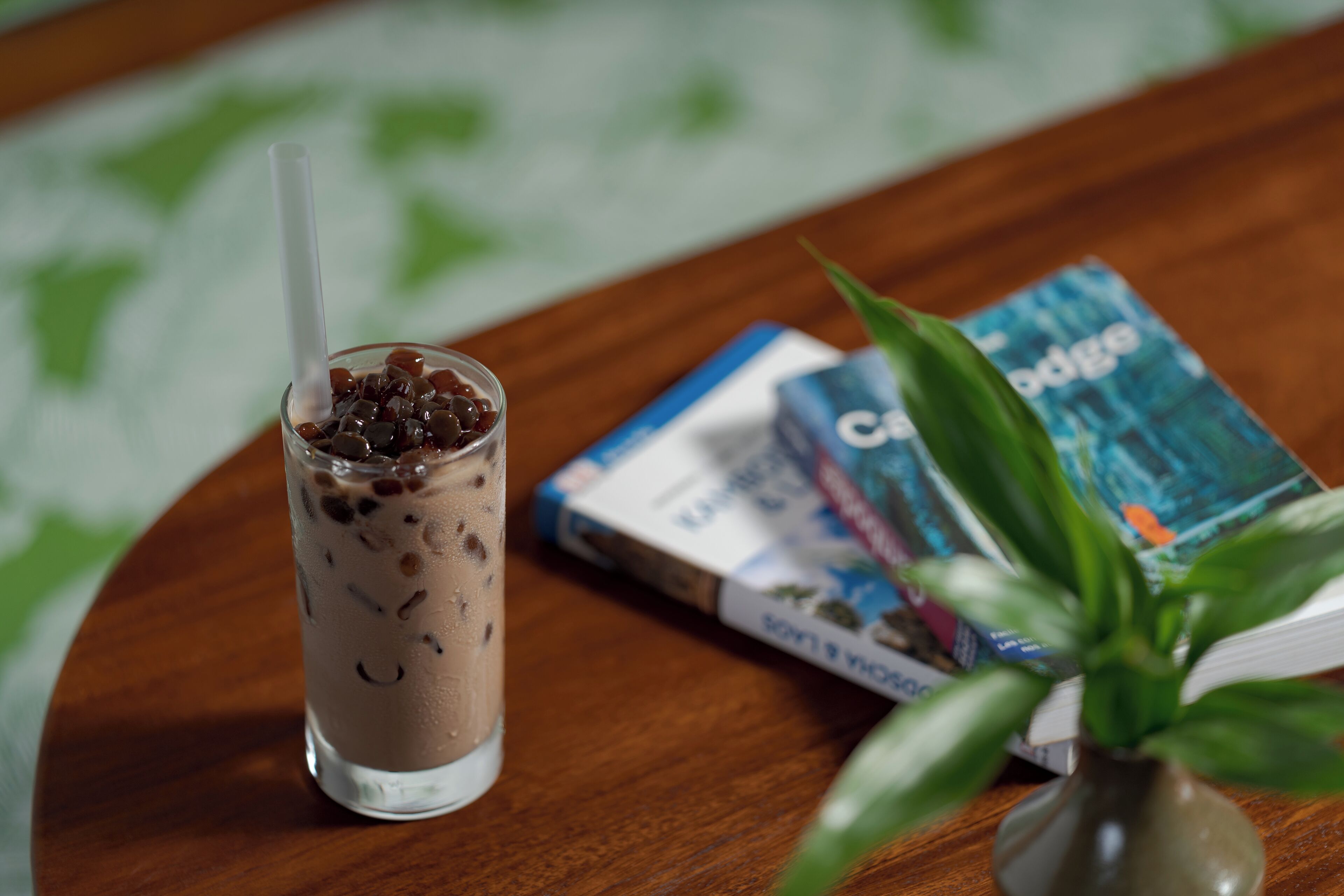 Un vaso de café helado con pajita, un libro y una planta en maceta sobre una mesa de madera.