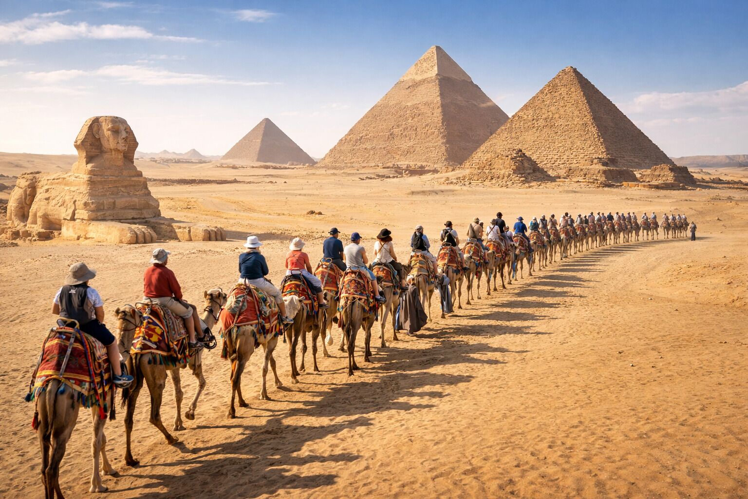 Un grupo de personas cabalgando camellos en un desierto, con pirámides al fondo.