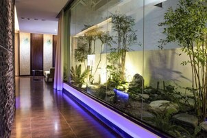 Un pasillo con una pared de vidrio que muestra un jardín de rocas y plantas.