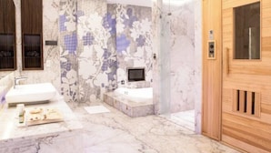 A modern bathroom with a marble floor, a large mirror, a wooden vanity, a bathtub, and a wooden door. - ALL-UR Boutique Motel Hua-Lian Branch (Hualien)