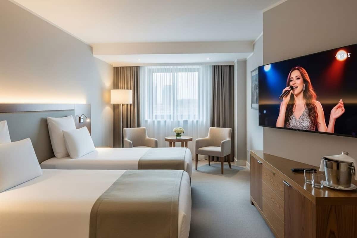 Habitación de hotel con dos camas, televisión, escritorio y ventana con cortinas.