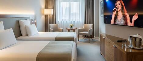 A hotel room with two beds, a TV, a desk, and a window with curtains.