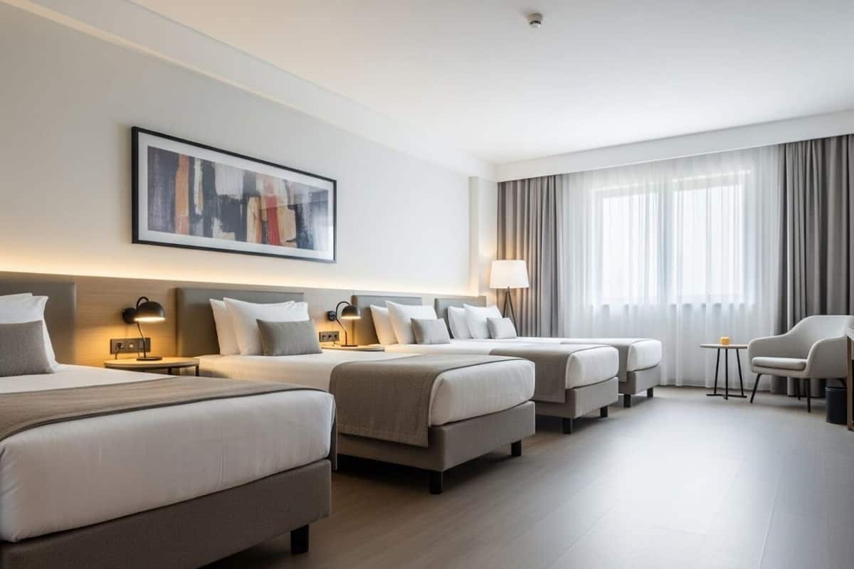 Habitación de hotel con cuatro camas dispuestas en fila, una mesita con una lámpara, una silla y un cuadro en la pared.