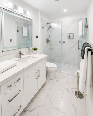 Une salle de bain moderne avec une douche à parois de verre, un lavabo blanc et des toilettes.