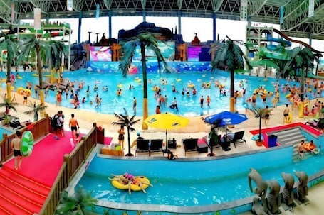 An indoor water park with multiple pools, slides, and a red carpet area.. Shandong Energy International Hotel