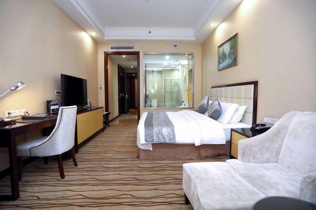A hotel room with a bed, a desk, a chair, a television, and a sofa.