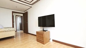 Une pièce avec un plancher en bois, un canapé, un téléviseur posé sur un meuble en bois et une porte donnant sur une autre pièce.