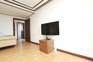 A room with a wooden floor, a sofa, a TV on a wooden stand, and a door leading to another room. - seaview (Jeju)