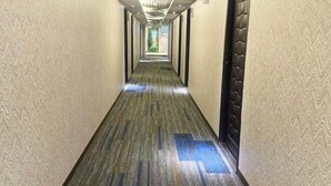 Un long couloir étroit aux murs ornés de motifs et doté d’un plancher en bois.