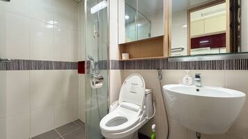 Shower, hair dryer, soap, toilet paper