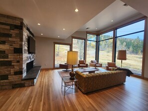 Televisio, takka, työhuone