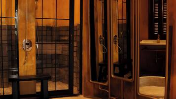 Separate bathtub and shower, hair dryer, slippers, towels