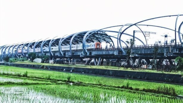 Ein Zug auf einer Brücke über einem Fluss, darunter grüne Felder.