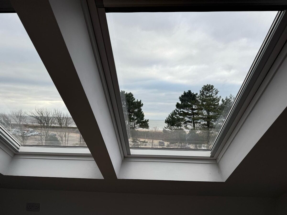 A skylight with a view of trees and a cloudy sky.