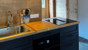 A modern kitchen with a wooden ceiling, a stainless steel sink, and a black stove. - Gîte Le Gyr - Pays des Ecrins (Vallouise-Pelvoux)