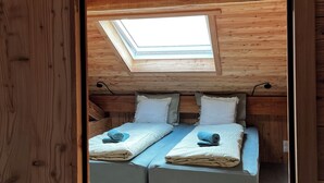 A bedroom with a skylight, two beds, and wooden walls. - Gîte Le Gyr - Pays des Ecrins (Vallouise-Pelvoux)