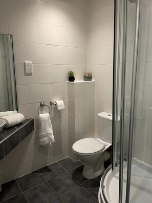 A modern bathroom with a toilet, a glass shower enclosure, a sink with a mirror, and a towel rack. - Atlantic Reach Cosy 2-bed With Parking (St. Columb Major)