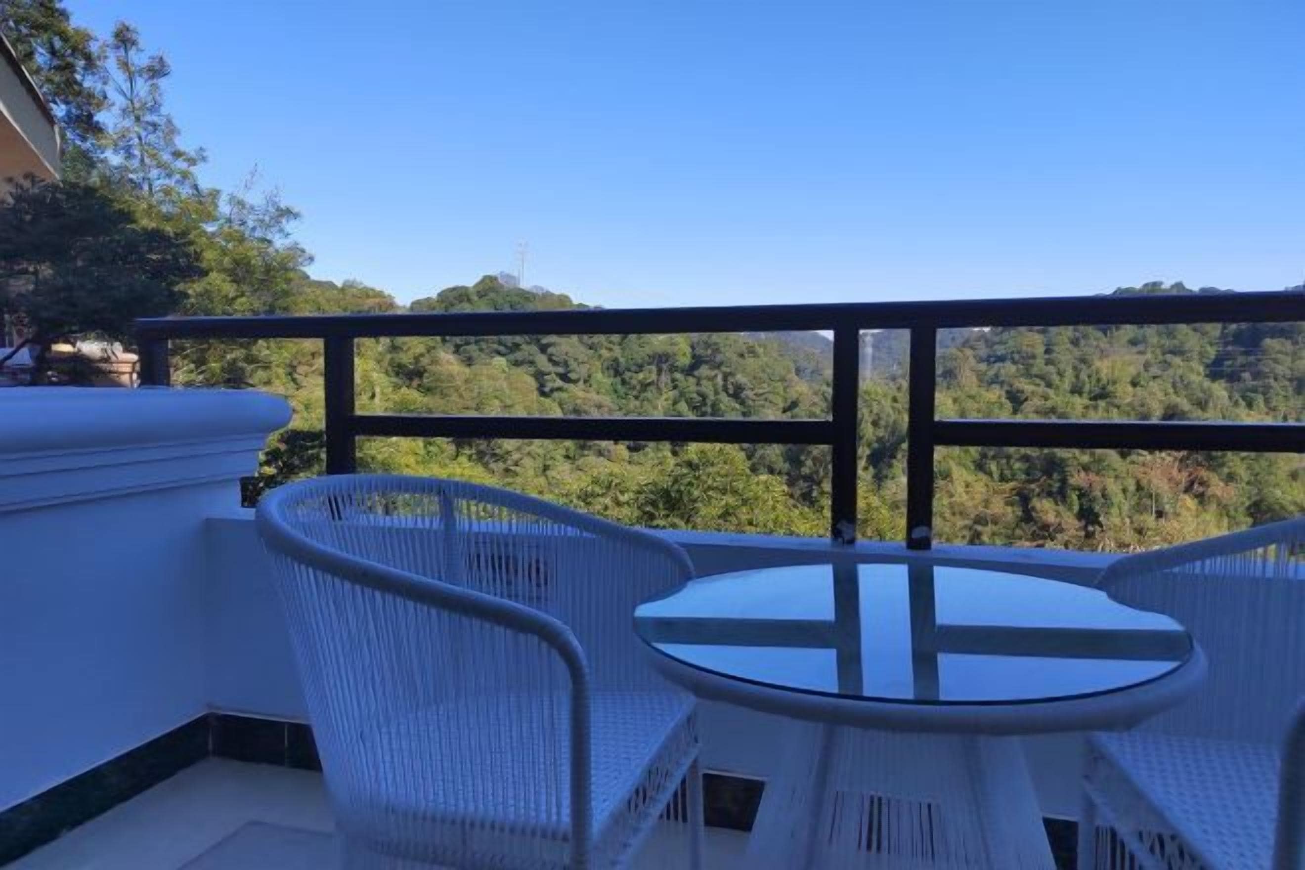 Un balcón con mesa y sillas, con vistas a un paisaje boscoso.