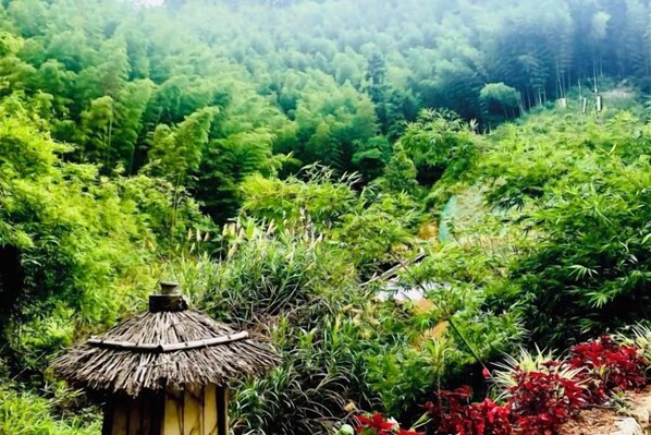 A thatched-roof structure surrounded by dense green foliage. - Nankunshan Shihe Wonder Resort Villa (Longmen)