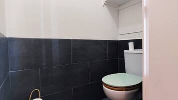 Hair dryer, towels, soap, toilet paper