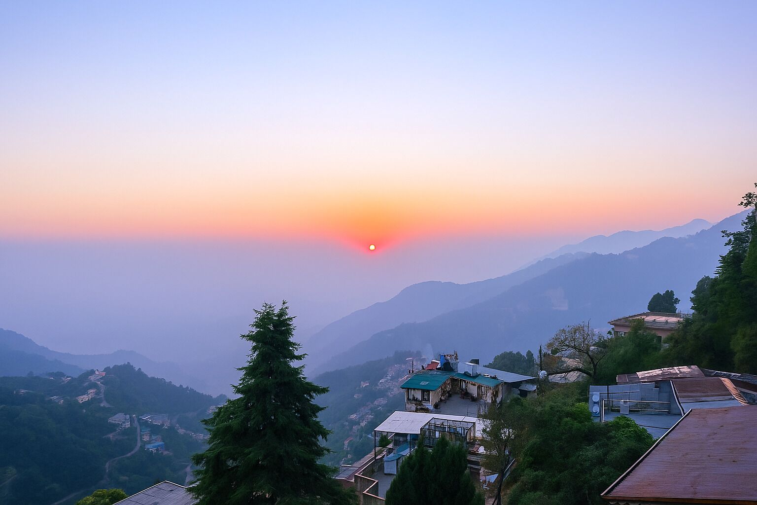 A mountainous landscape with a sunset.