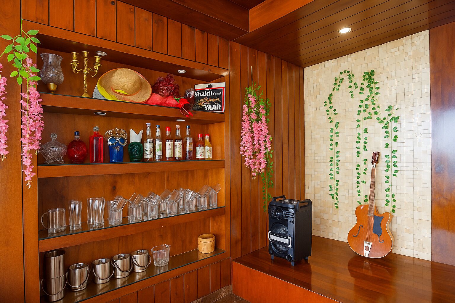 A wooden interior with shelves holding various bottles, glasses, and a guitar.
