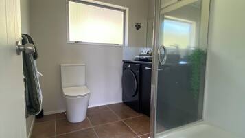 Shower, hair dryer, bidet, towels