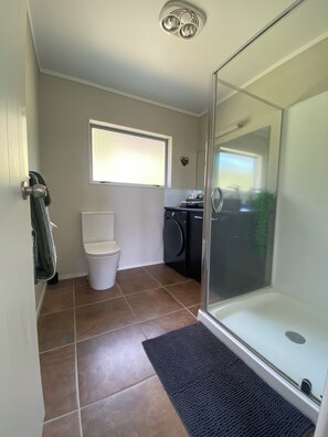 Shower, hair dryer, bidet, towels