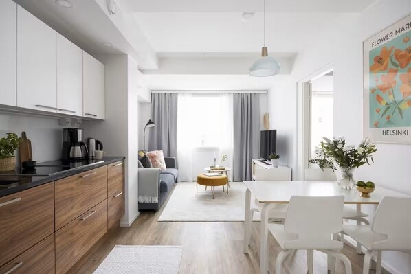 Superior Apartment, City View | Living area | 50-inch Smart TV with cable channels - New Stylish 1BR Apt. in Trendy Kallio (Helsinki)