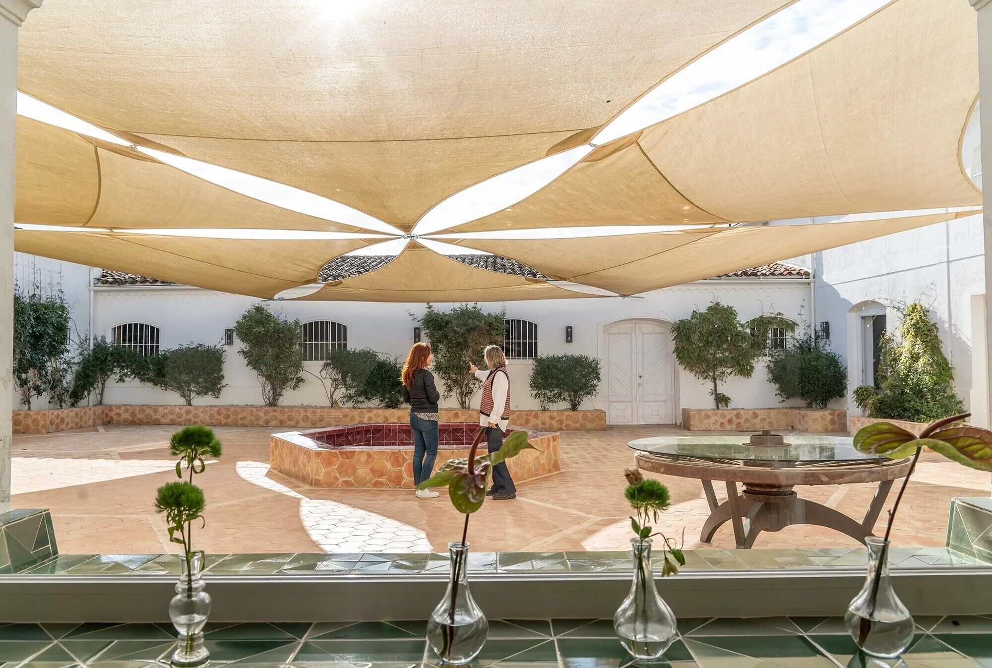 Un pati interior amb una font al centre, envoltat de plantes en testos i una zona ombrívola gran amb taula de vidre.