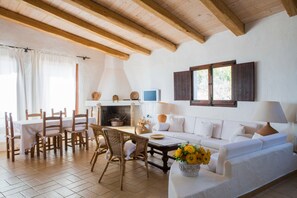 Televisión, chimenea y estéreo 