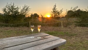 A wooden table with two glasses of wine, set against a sunset backdrop with trees and a fence.