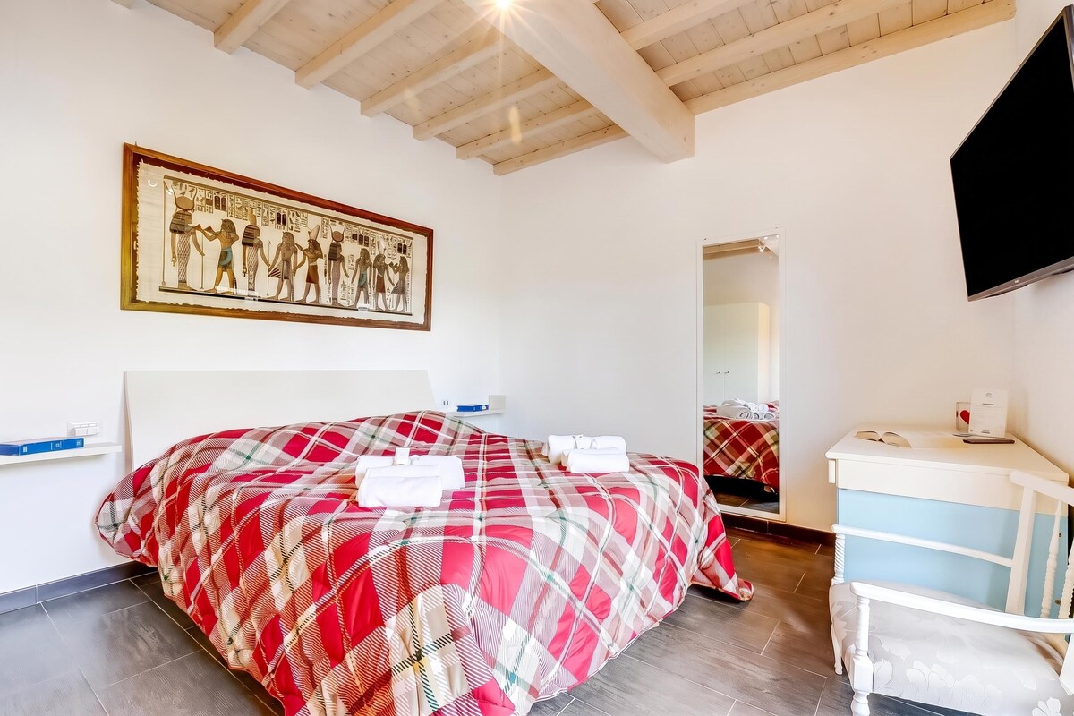 A bedroom with a bed, a television, a mirror, and a wall-mounted artwork.
