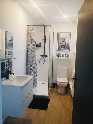 Een douche, handdoeken, toiletpapier