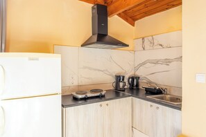 Departamento, Terraza | Cocina privada | Frigobar y utensilios de cocina 